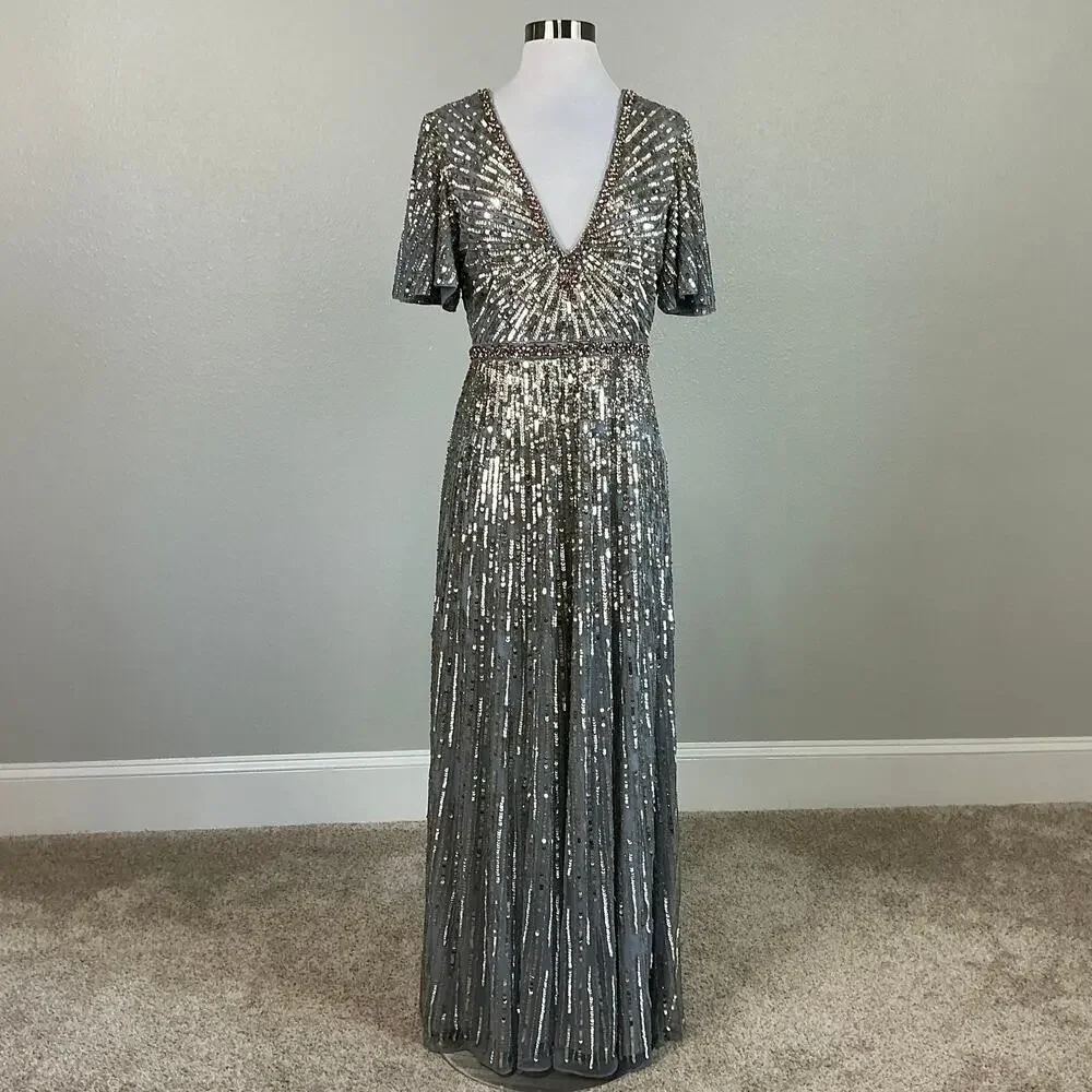 Mac Duggal 5538 Sequined Short Sleeve A-Line Evening Gown Silver Size 6 Dress - Picture 2 of 12